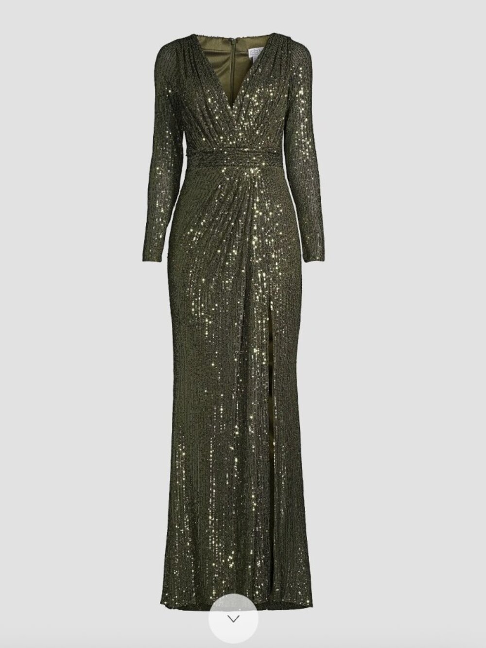 Mac Duggal 26490 Olive Green Sequin Long Sleeve Gown High Slit Size 2